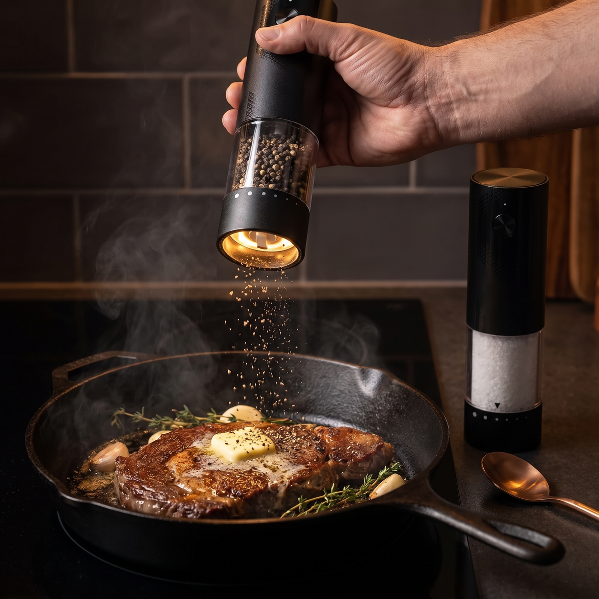 Electric pepper grinder with LED light seasoning a steak in cast iron