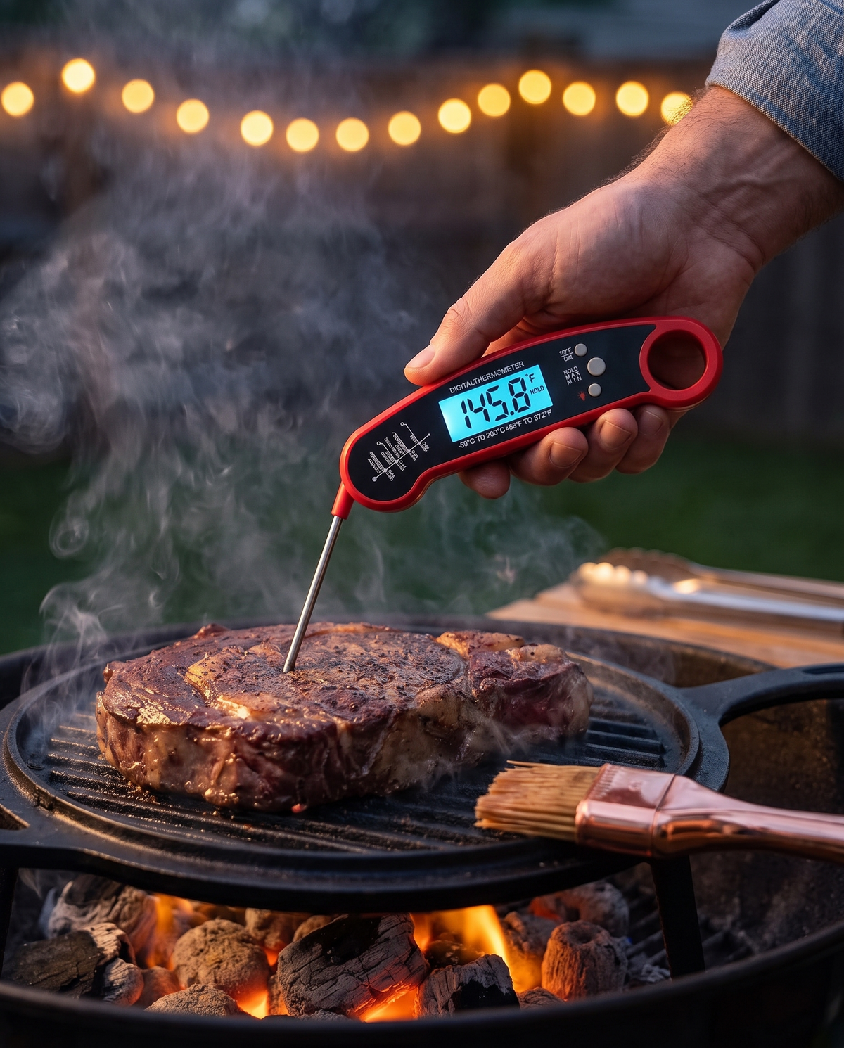 Meat thermometer reading a ribeye steak on the grill