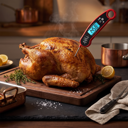 Instant-read meat thermometer checking a holiday roast turkey
