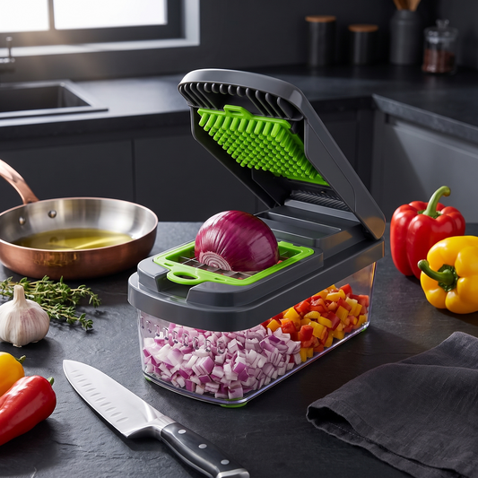 12-in-1 vegetable chopper with diced onion and peppers in a dark kitchen