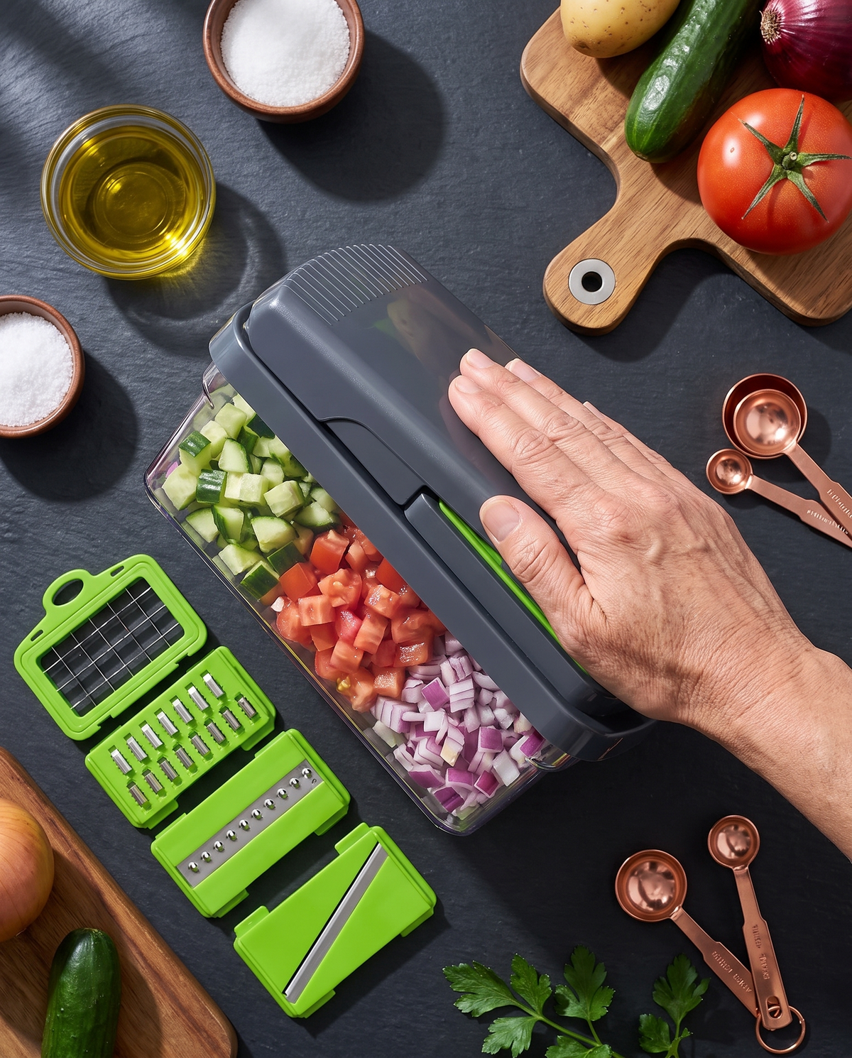 Vegetable chopper top view with blade inserts and diced vegetables