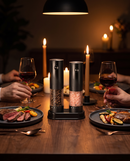 Electric salt and pepper grinder set on a candlelit dinner table